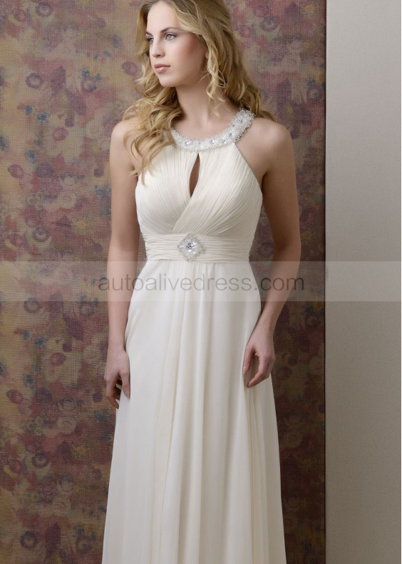 Halter Beaded Ivory Chiffon Hole Back Prom Dress